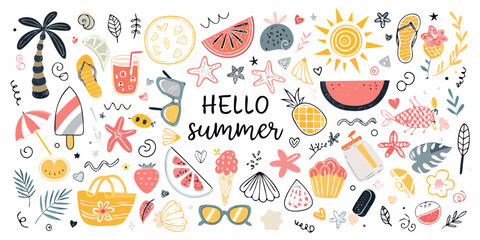 Vibrant collection of hand drawn summer icons and elements with hello summer text