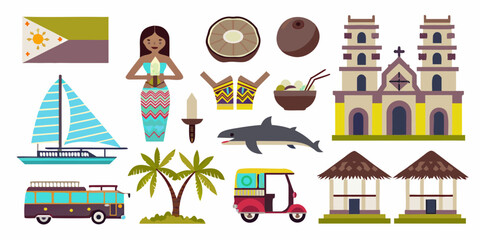 Collection of filipino cultural icons and symbols featuring flag architecture transportation and nature