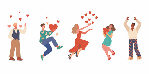 Diverse group of people celebrating love and joy with hearts floating around them