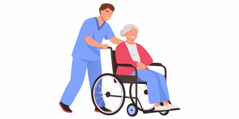 Caring male nurse pushing a smiling elderly woman in a wheelchair with a white background