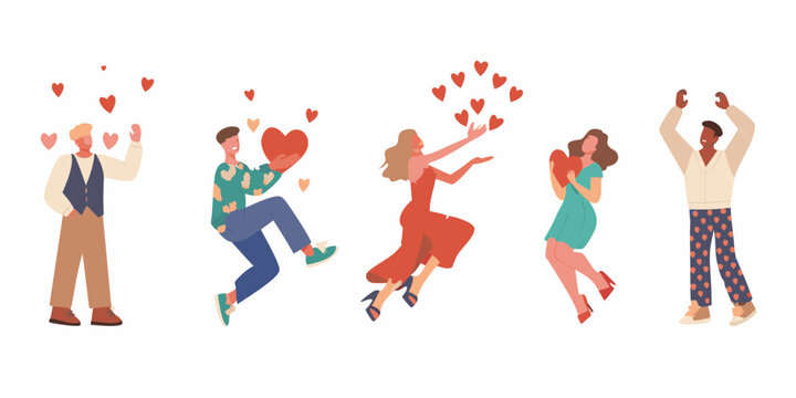Diverse group of people celebrating love and joy with hearts floating around them