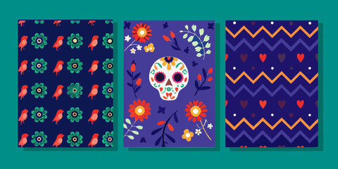Three colorful day of the dead themed patterns featuring sugar skulls flowers birds and hearts