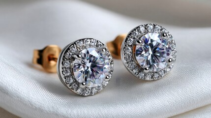 Pair of elegant diamond earrings resting on white silk