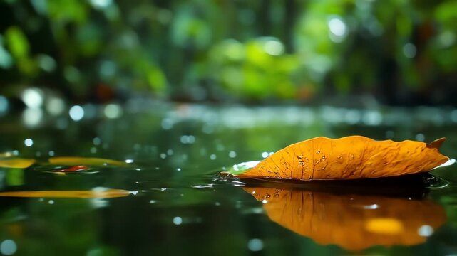 Orange leaf on water with forest background