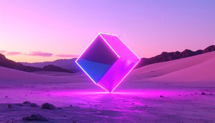 Neon cube in desert sunset