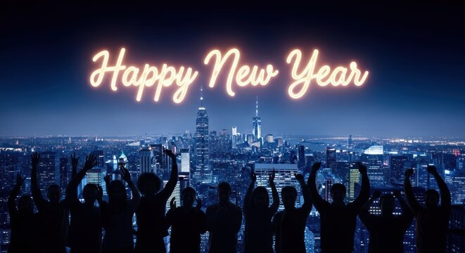 Happy New Year Celebration Over City Skyline - Powered by Adobe