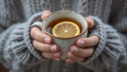 Hands Holding a Warm Tea Cup with Lemon Slice &ndash; Cozy Winter Moment
