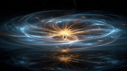 Abstract fractal with swirling blue and gold tendrils over a dark reflective base