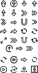 Now you’ve added an image of **various black outline arrow icons**. ⬆️➡️⬇️↩️
It contains many styles: straight arrows, curved arrows, circular rotation arrows, U-turn arrows, and download/play icons.
