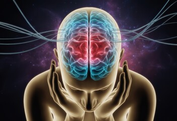 Conceptual digital art of a human head with a vibrant colorful brain and electrical connections