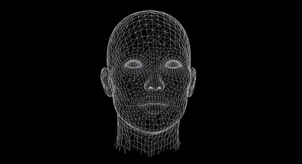 Abstract white wireframe human head on black background with futuristic design