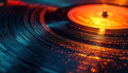Dynamic Soundscape - Vinyl Record Grooves Illuminated by Striking Orange and Blue Light, Revealing Intricate Texture and Musical Vibrancy