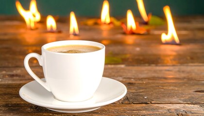 A white coffee cup on a rustic wooden table, with warm, autumnal flames in the background