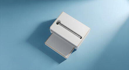 Minimalist white packaging box with a sleek metal object on a pastel blue
