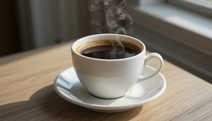 Fresh Black Coffee in White Cup on Wooden Table &ndash; Morning Coffee Moment