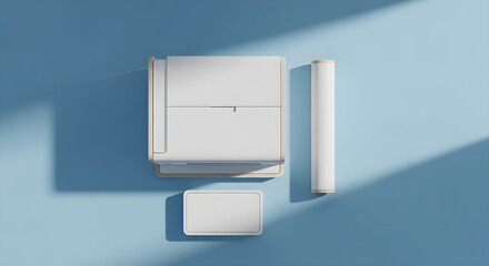 White air conditioner unit with a vertical cylinder and rectangular panel against a blue wall