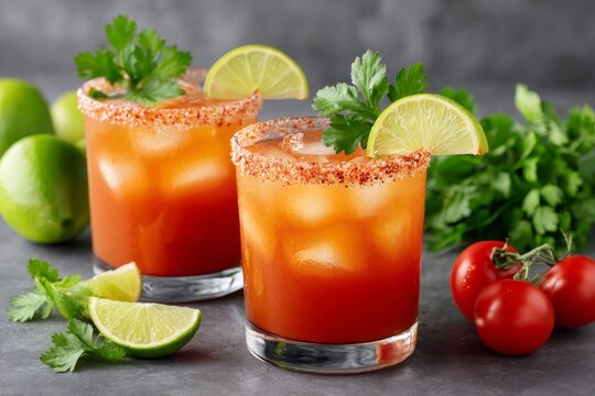 Two glasses of michelada with lime, ice, chili powder, tomato and parsley on gray background