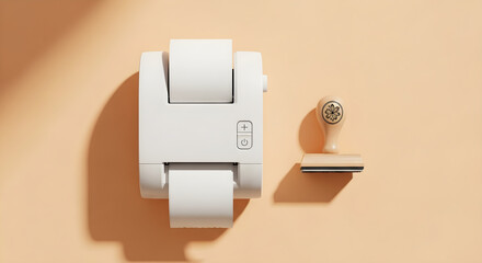 White thermal printer and wooden stamp with floral  on a peach label printer