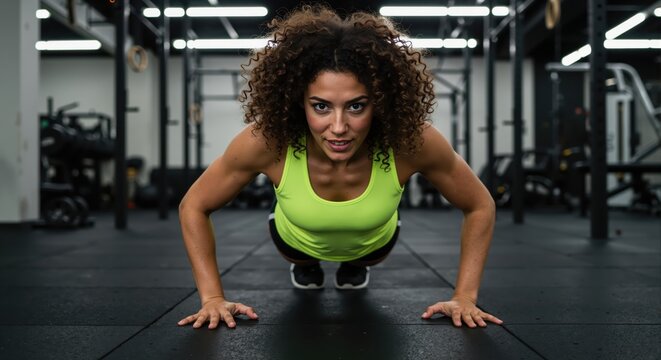 Strong African American woman performing push up exercise in lime green athletic wear showcasing upper body strength training and functional fitness workout horizontal