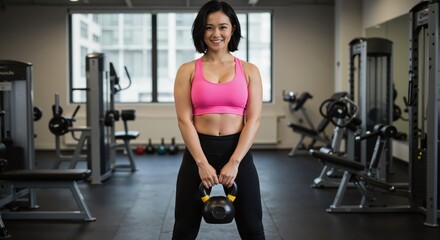 Smiling woman holding kettlebell in modern gym with pink sports bra, strength training concept for fitness center membership wellness promotional campaign