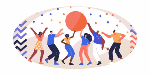 Diverse group of people playing with a large ball during a celebration with confetti