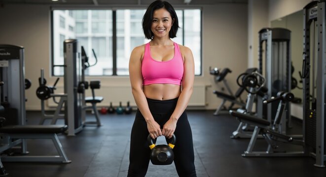 Smiling woman holding kettlebell in modern gym with pink sports bra, strength training concept for fitness center membership wellness promotional campaign