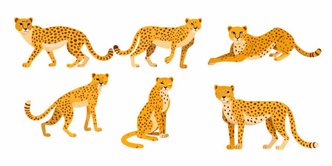 Collection of six stylized cheetahs in various poses on a white background