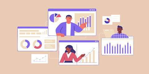 Diverse professionals presenting data analytics and financial charts on computer screens
