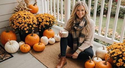 Happy blonde woman sitting with pumpkins autumn flowers on porch wearing knitted sweater plaid scarf, halloween thanksgiving seasonal promotional campaigns