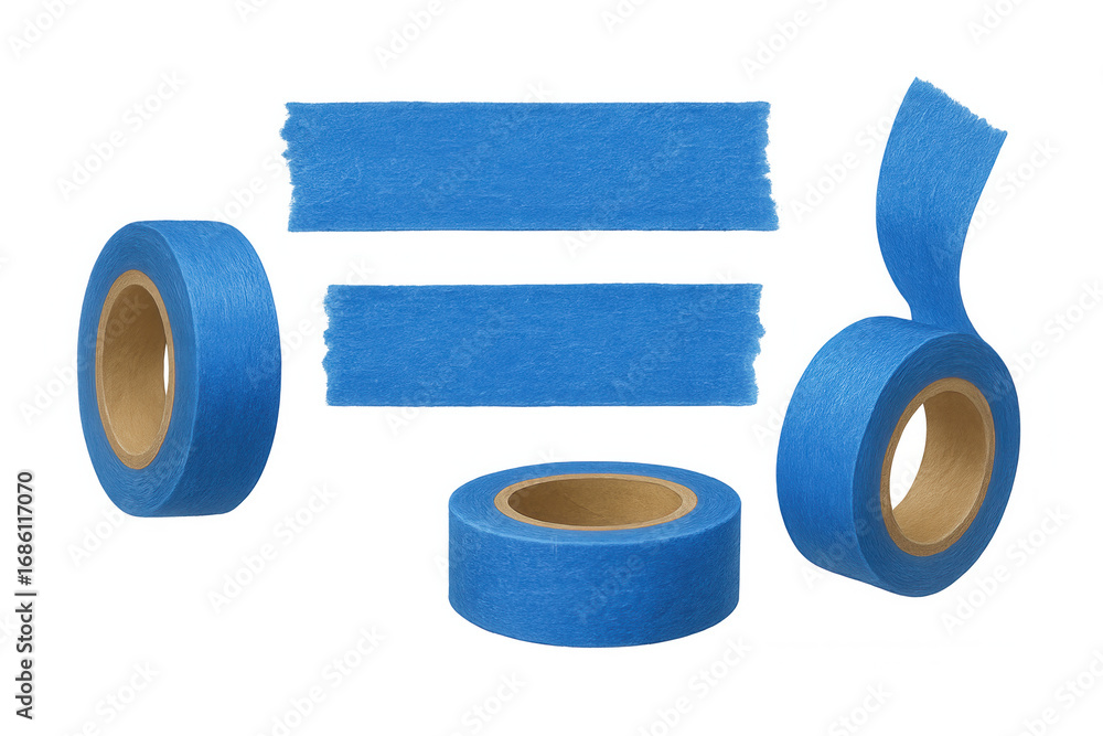 Poster masking tape rolls and strips viewed from multiple angles, showcasing blue color against transparent