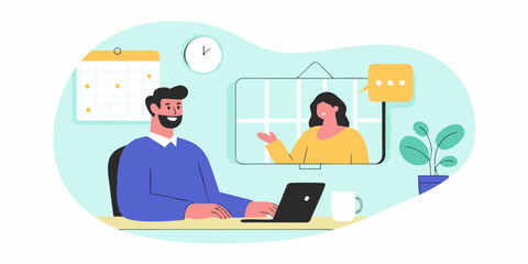 Man and woman having a video conference call discussing work or projects together online
