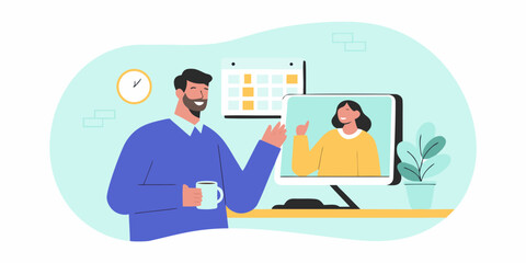 Man and woman having a video call meeting while working remotely from home office