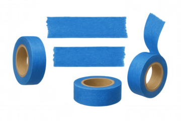 Masking tape rolls and strips viewed from multiple angles, showcasing blue color against transparent backdrop for design work