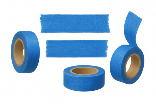 Masking tape rolls and strips viewed from multiple angles, showcasing blue color against transparent backdrop for design work
