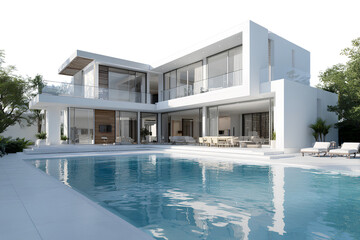 Fototapeta premium Luxury Modern White Villa with Balcony and Pool, Front Perspective View, Transparent Background.png