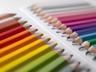 Close-up photo of sharpened colored pencils lined up.
