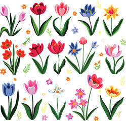image featuring a **collection of colorful illustrated flowers**. 🌸🌷🌼It includes tulips, daisies, and other bright flowers in shades of red, pink, yellow, purple, and blue, with