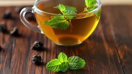 A glass teacup filled with steaming tea, fresh mint leaves, and tea leaves on a wooden surface - Powered by Adobe