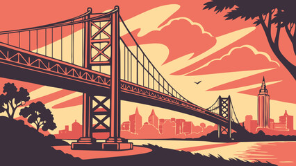Golden gate bridge vector graphic in an artistic style showcasing the iconic bridge of san francisco. Suitable for travel brochures or citythemed designs.