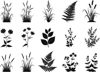 Wild Plants and Flower Silhouettes Vector Set for Botanical Design, Nature Clipart, Garden Illustration, Floral Decor, and Herb Graphics