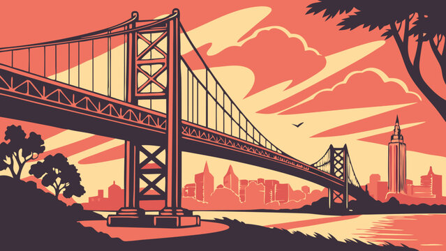 Golden gate bridge vector graphic in an artistic style showcasing the iconic bridge of san francisco. Suitable for travel brochures or citythemed designs.