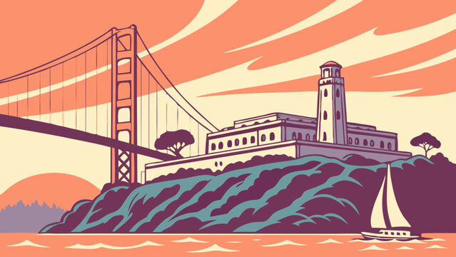 Golden gate bridge and alcatraz island illustrated with sailboat, ideal for travel brochures, postcards, and website banners focusing on san francisco.
