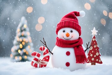 Cheerful Snowman with Gifts in Winter Snow Scene