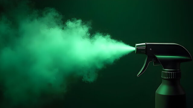 Green mist particles flying from spray bottle against dark background