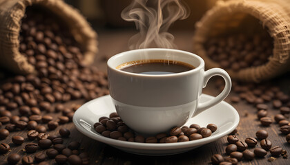 Steaming Coffee Cup Surrounded by Roasted Beans &ndash; Rich Aroma Scene