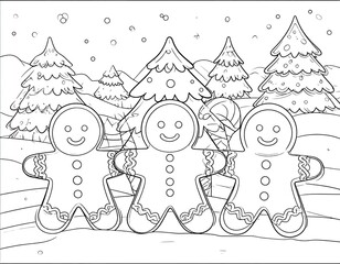 Three gingerbread men in a snowy winter scene, ready for coloring