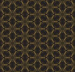Seamless Luxury Geometric Pattern Vector with Circles, Triangles, and Starbursts in Gold on Black Background
