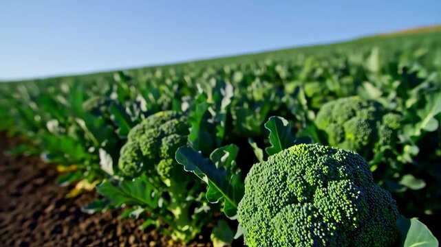 Close-up of broccoli heads in a field