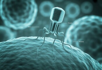 Microscopic view of bacteriophage attacking a bacterial cell for scientific study
