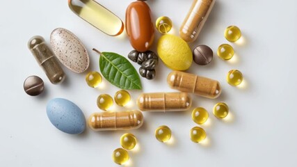 A variety of supplements including pills capsules and softgels are displayed alongside green leaves - Powered by Adobe